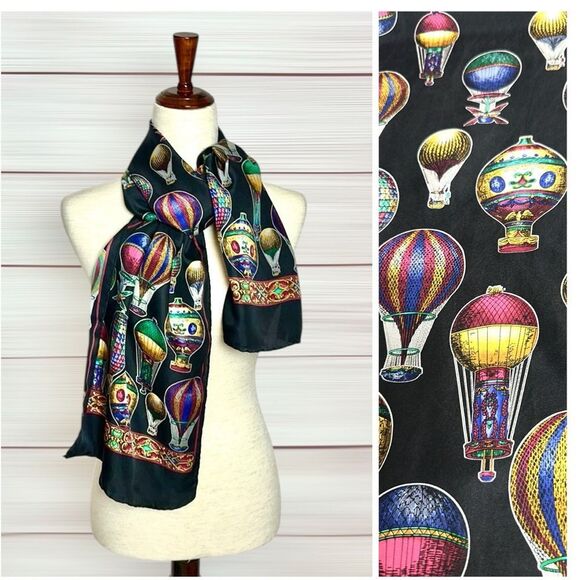 Hot Air Balloons Silk Scarf Black Rectangle 13.5x57” Hand Rolled made in Korea - Picture 1 of 11